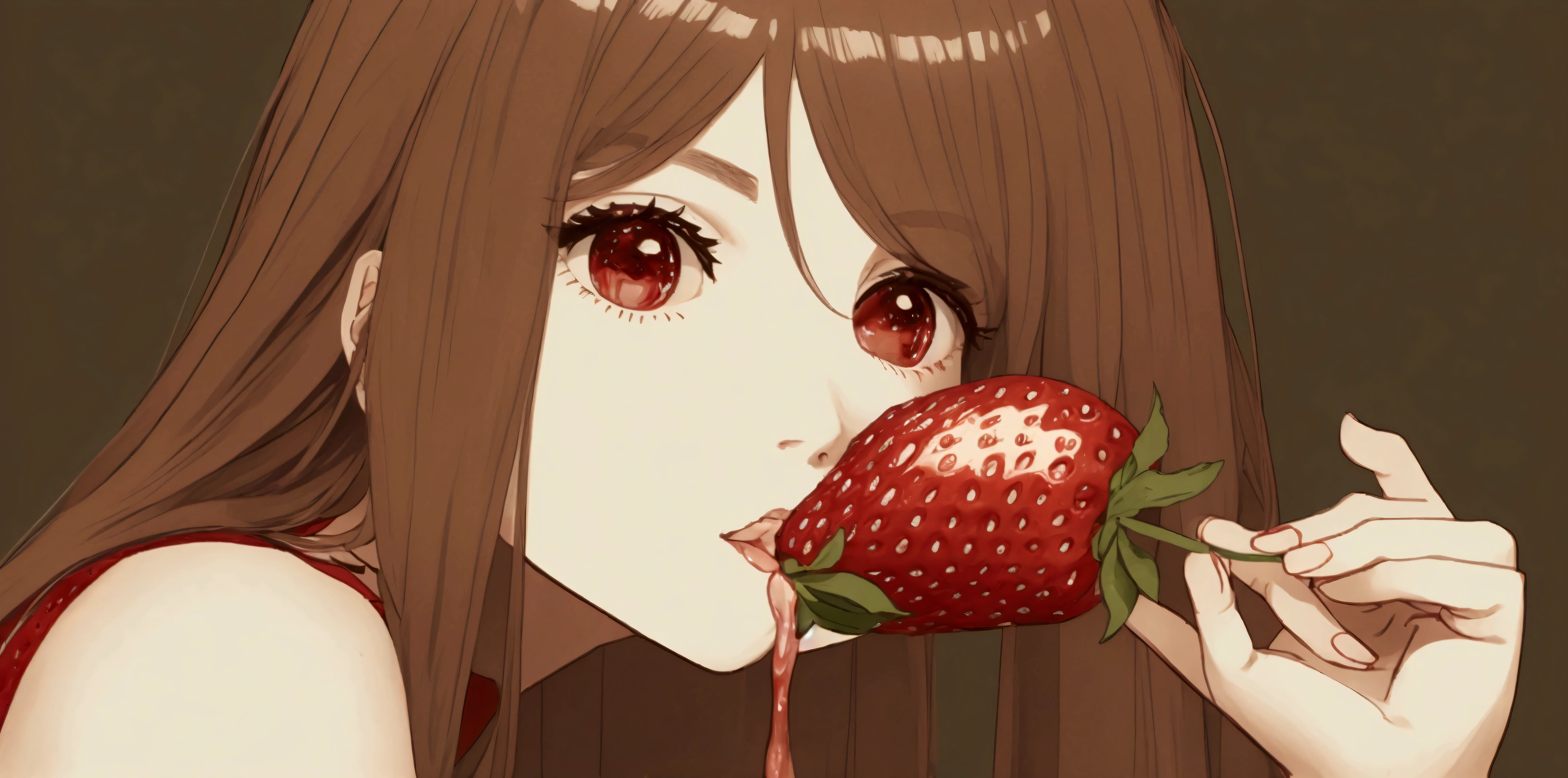 japanese schoolgirl laying on the ground surounded by strawberries, <lora:Kazuhiroi_Hori:1>, kazuhiro_hori, Pink_Hell