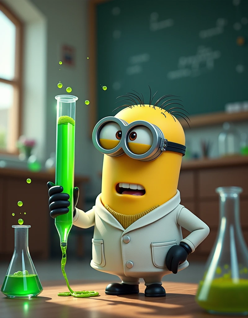 In the laboratory, Minion Bob, the scientist, holds a green chemical tube in his hand and drinks it. 