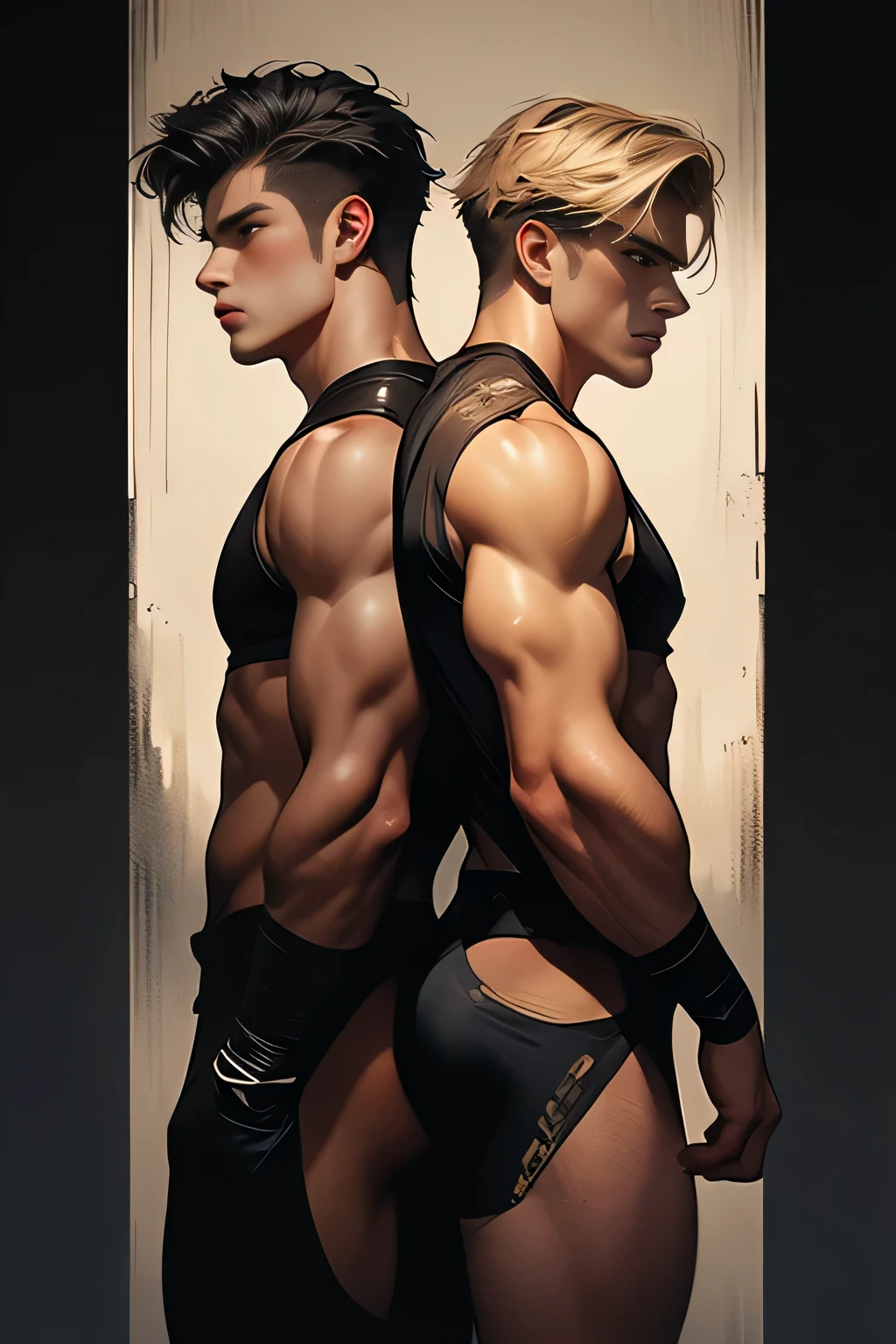 Contemporary painted style depicts two muscular, athletic blonde handsome men who stand back to back, wearing only jock straps. These warriors, braving the elements with their body paint, have been exquisitely detailed in a painted image that captures their raw physicality, on a plain dark background.
