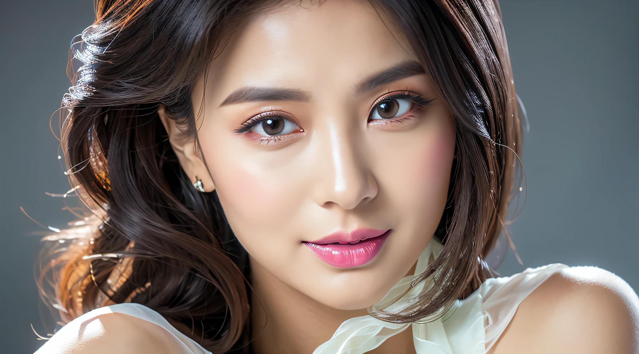 (Detailed face),vivid,White silk scarf,White sleeveless,4K,Ultra-high resolution,（Photorealistic：1.7）,Gray background,Black long hair,