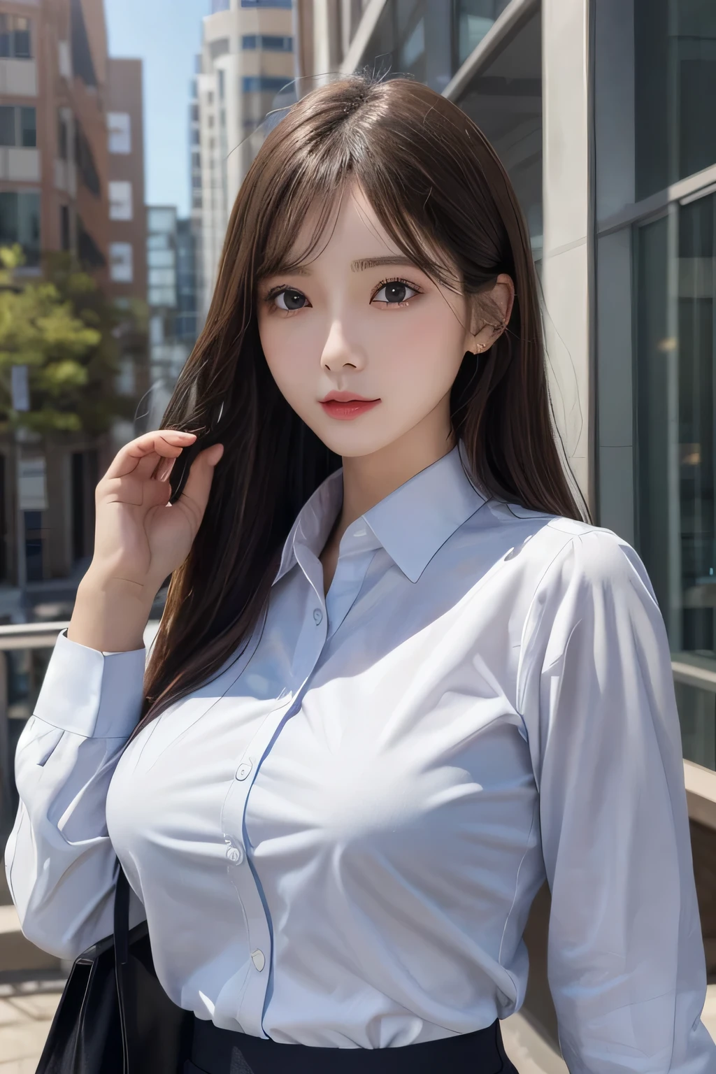 One Girl, 1 person,Highest quality,High resolution,超High resolution,8k,Realistic,Upper Body,encounter_audience,Large Breasts, the body is slim,(business shirt:1.2)
