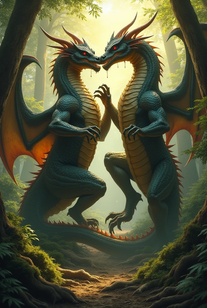 Two male dragons having sex on a forest, scaly, very detailed, genital visible, precum