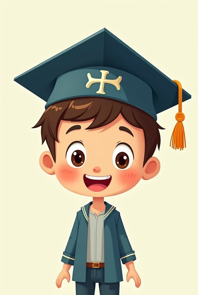 A cartoon boy wearing a graduation hat，The hat says &quot;ichthys&quot;。, This word is clear and easy to understand

