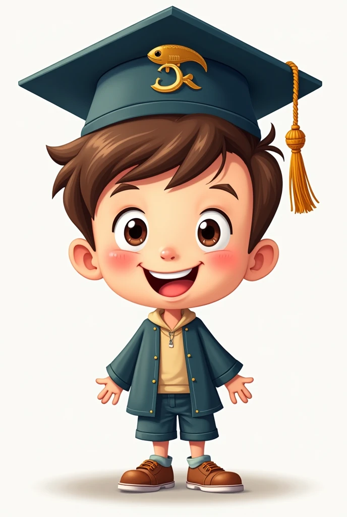 A cartoon boy wearing a graduation hat,The hat says "ichthys"。, This word is clear and easy to understand