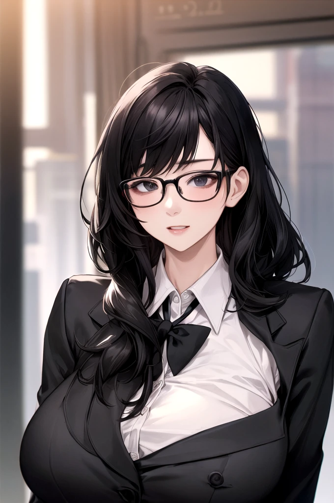 One person, Women, 2、Glasses、Black Hair、Big Breasts、Medium Hair、business suit、Face Focus, Best, bow, Highest quality, Detailed face, office, Detailed Background, Diffused sunlight, Depth of written boundary, Bokeh、