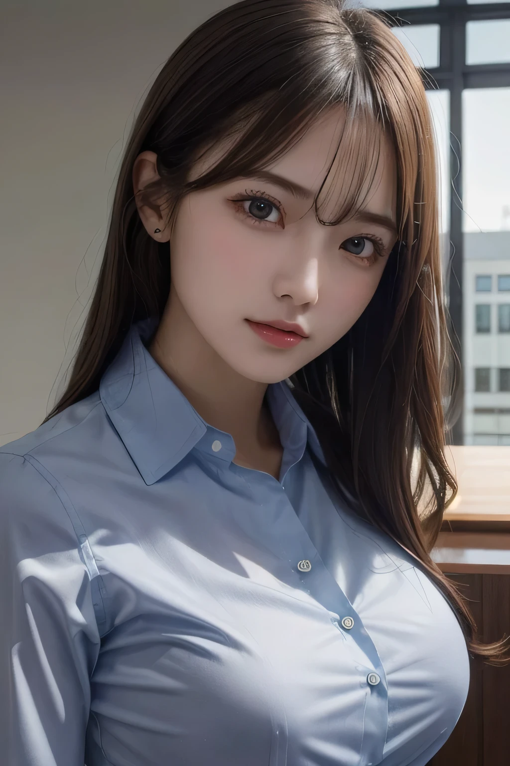 One Girl, 1 person,Highest quality,High resolution,超High resolution,8k,Realistic,Upper Body,encounter_audience,Large Breasts, the body is slim,(business shirt:1.2)