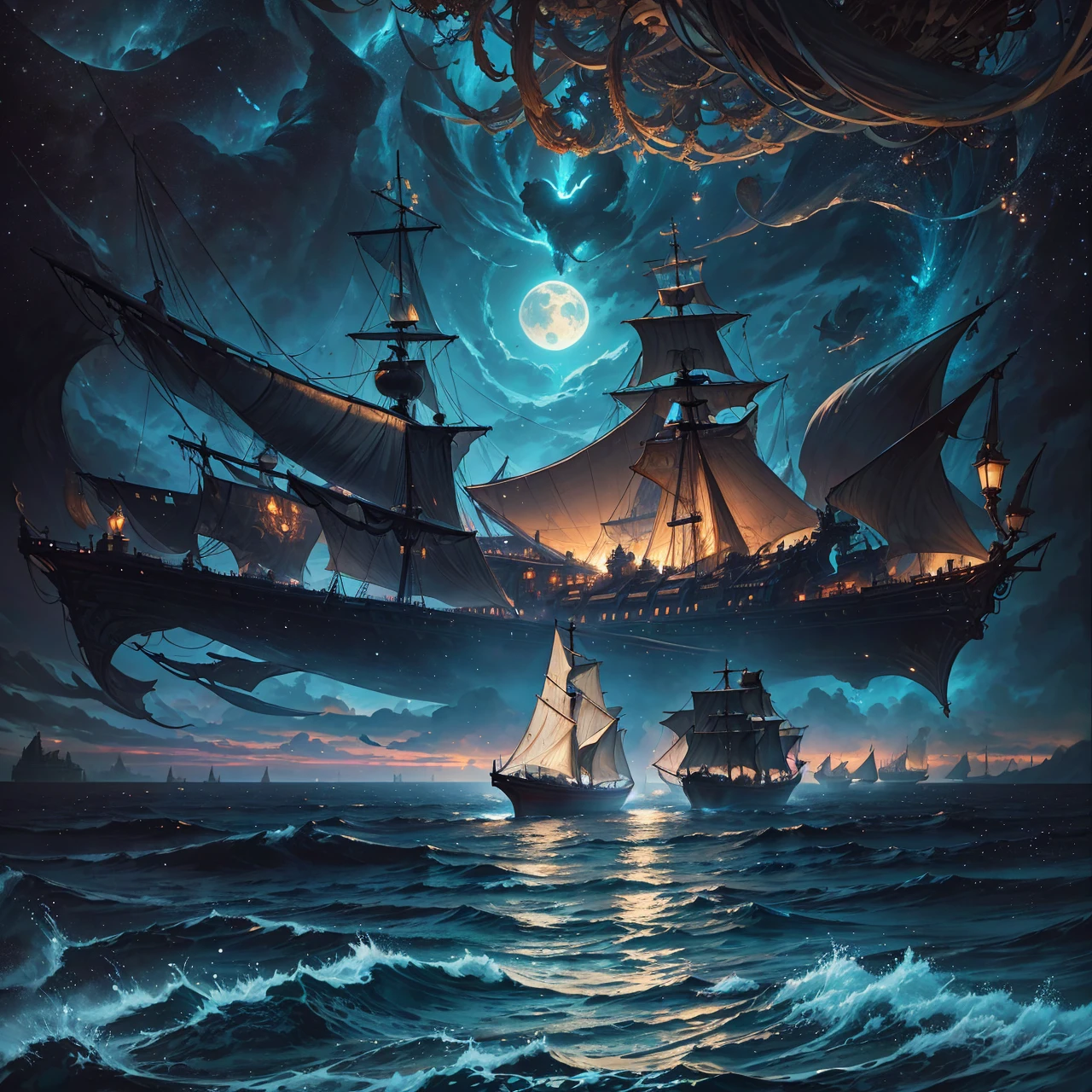 a painting of a ship sailing in the ocean at night, concept art inspired by gaston bussiere, Artstation contest winner, fantasy art, detailed cover artwork, peter mohrbacher and dan mumford, highly detailed cover art, detailed fantasy digital art, anton fadeev and dan mumford, dan mumford and peter mohrbacher, detailed digital 2d fantasy art