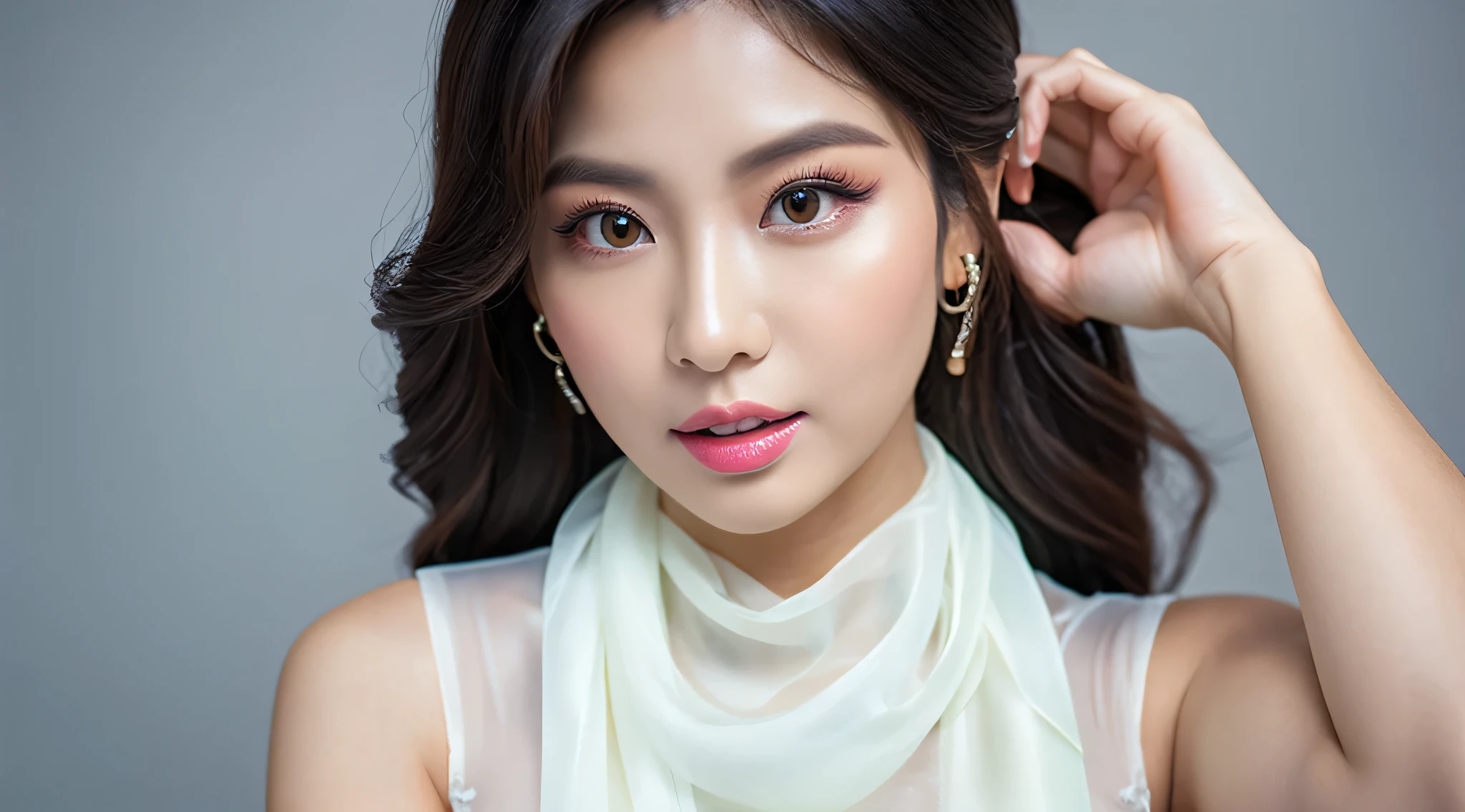 (Detailed face),vivid,White silk scarf,White sleeveless,4K,Ultra-high resolution,(Photorealistic:1.7),Gray background,Black long hair,