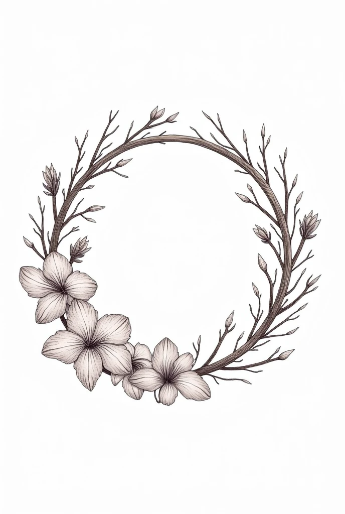 Line Art,{Simple style:1.5} ,Ring composition,{The focus of the composition is on the outside of the ring:1.4},{There is a large blank space in the middle of the ring:1.4},The Four Seasons of Heaven,spring， summer， autumn，winter。wreath&four seasons，Withering，Decay&newborn，This circle reflects the cycle of seasons，As they change and wither，A circle made of orchids and branches。