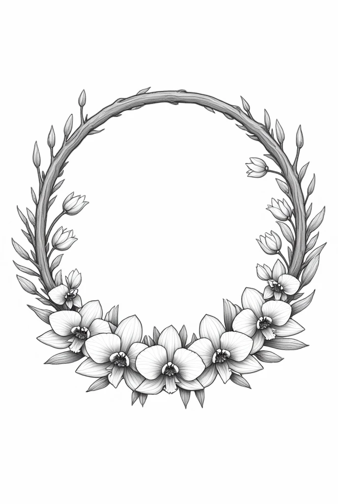 Line Art,{Simple style:1.5} ,Ring composition,{The focus of the composition is on the outside of the ring:1.4},{There is a large blank space in the middle of the ring:1.4},The Four Seasons of Heaven,spring, summer, autumn,winter。wreath&four seasons,Withering,Decay&newborn,This circle reflects the cycle of seasons,As they change and wither,A circle made of orchids and branches。
