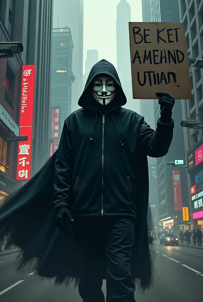 Generates an image of a person wearing a Guy Fawkes mask (Anonymous) in an urban environment, with a dark background and elements of digital technology and protest." Write an Anonymous-style message about the importance of privacy in the digital age and the need to fight mass surveillance."