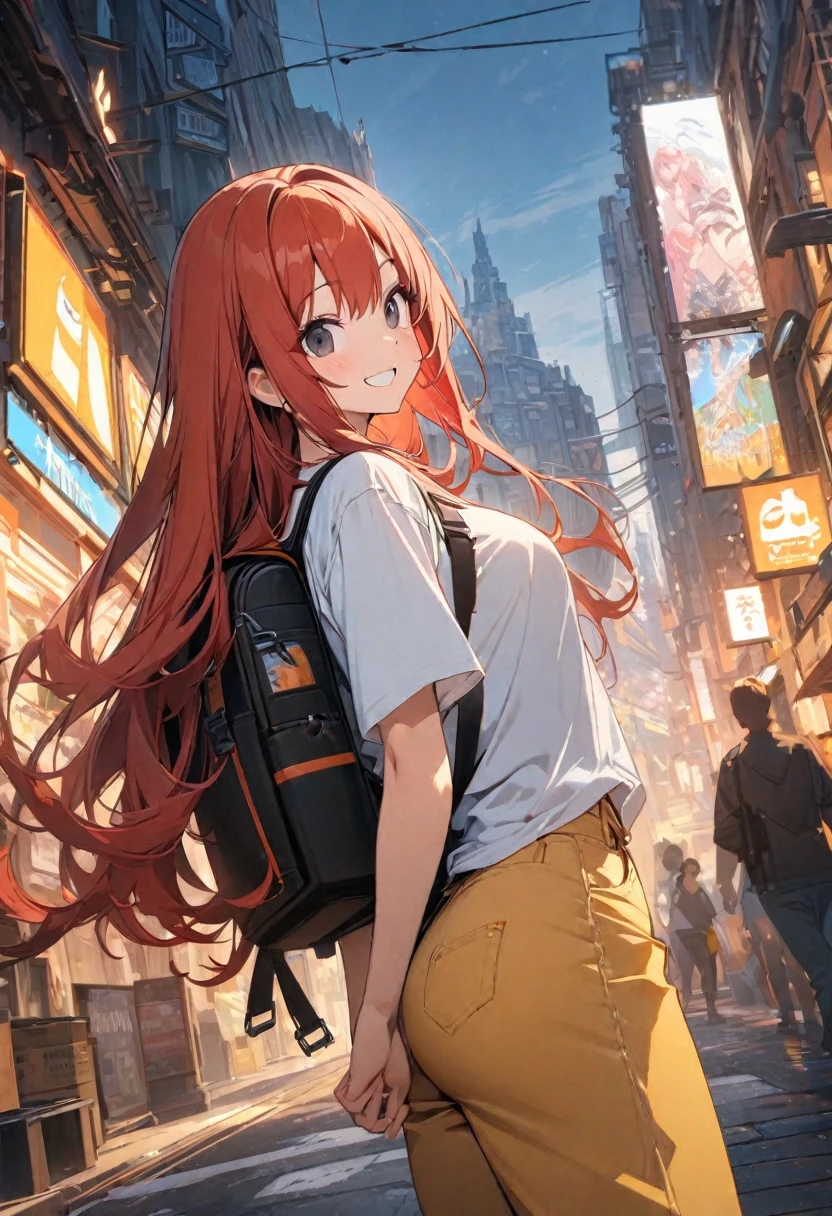 (BEST QUALITY), (MASTERPIECE), illustration, Extremely_detail, 4k wallpaper , 1 girl, tall girl, White T-Shirt, yellow jeans, 1 , Red Hair, long hair, black eyes, cute, smile, Backpack, Background of the city