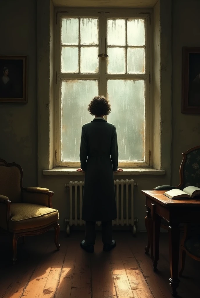 Create an image of a nostalgic and melancholic scene featuring a lone figure standing in an old, dimly lit room. The figure appears lost in thought, gazing out of a window with rain softly pouring outside. The room has vintage furniture, including an old chair and a table with an open book. A faint, warm light casts long shadows, giving the space a timeless and wistful atmosphere. The overall color scheme is muted, with shades of sepia, brown, and gray, reflecting the themes of unrequited love and the passage of time. The ambiance should evoke a sense of longing and the emotional weight of repeating the same mistakes in love.