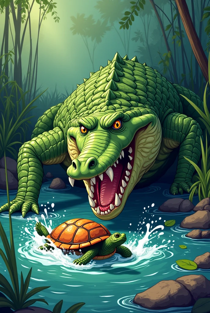 Crocodile eatings turtle in 2d cartoon