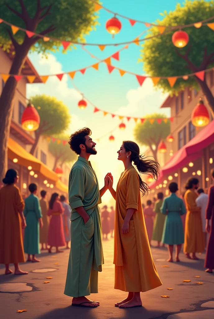 The Village Festival
After the village’s successful revival, a festival is held in celebration. Colorful banners and lanterns are hung between trees, and the villagers are seen dancing, singing, and feasting together. In the center, Fiyaaz and Amjad stand together, smiling as they watch the joyful scene, now united in purpose once again.