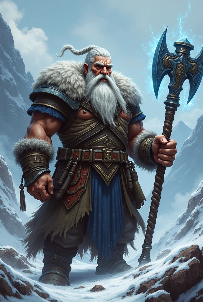 Mountain Dwarf, 200 years, sage, with great strength and intelligence.
He carries two weapons, a two-handed axe slightly larger than the dwarf&#39;s and a magic hammer. 