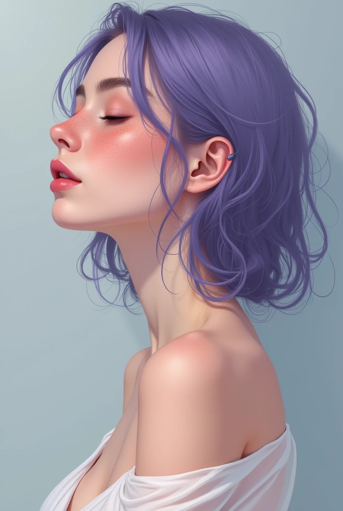 Imagine a highly detailed and realistic photo-quality illustration of a woman in profile, seen from below. brown skin, with the head slightly tilted downwards.and forward Neck forward, Her skin has a warm, pale tone., with freckles spread across her cheeks and nose. The hair is a violet tone, with subtle reflections that capture the light naturally, falling gently on his shoulders. Her lips are a soft pink color, complementing the warm tone of your skin. The eyes, although closed, They project serenity and peace.. bare shoulder, Great cleavage, sheer fabric, 

The background has a subtle gradient from light grey to a soft blue., which highlights the figure of the woman and adds a soft and calm atmosphere. The light is diffuse, accentuating the soft shadows on her face and neck, which gives it an additional dimension and enhances the details of its expression and features.