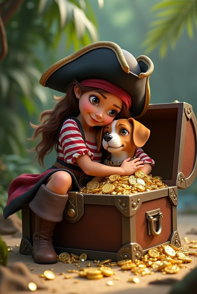 girl dressed as a pirate, dog in a treasure chest and girl hugging dog