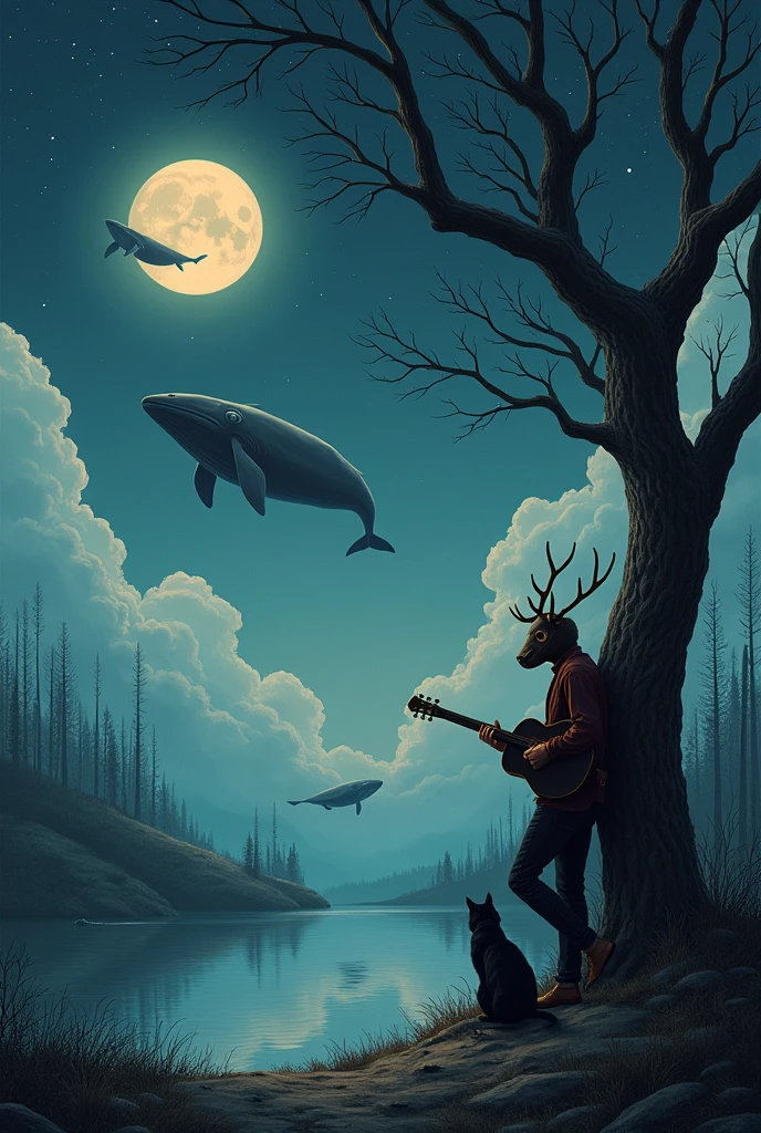 Starless and cloudy sky with full moon and two whales floating near moon near a serene river and a leafless tree on the side and a guy wearing a deer antler plaster mask leaning on a tree playing guitar and a cute cat sitting near the guy
