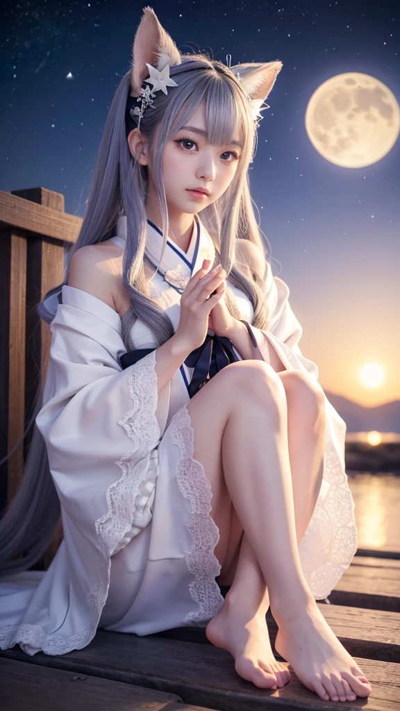 **Prompt:** Create an ultra-realistic 8K resolution image of Tsukuyomi, the Japanese moon god from Shinto mythology, reimagined as the ultimate moe character while retaining the deity's iconic features. Tsukuyomi is depicted with an adorable, youthful appearance, featuring large, shimmering silver eyes that exude a gentle and innocent charm. Her long, flowing silver hair is styled in soft, voluminous waves with cute hairpins shaped like crescent moons and stars, adding a playful touch.　nude

Her outfit is a blend of traditional and modern moe fashion, with a short, frilly kimono in shades of pale blue and white, adorned with delicate moon and star patterns. The kimono has oversized sleeves and a ribbon tied around her waist, creating a cute and enchanting silhouette. She wears knee-high socks with little moon charms attached, and her sandals are decorated with tiny stars. nude

Tsukuyomi's expression is sweet and slightly shy, with a gentle blush on her cheeks. She holds a small, glowing crescent moon in her hands, which emits a soft, calming light. Her posture is demure, with one hand gently touching her cheek as she gazes up at the night sky. nude

The background is a serene, moonlit landscape with sparkling stars and a gentle breeze, creating a peaceful and enchanting atmosphere. The setting perfectly complements Tsukuyomi's moe transformation, blending the deity's celestial origins with the irresistible charm of a modern moe character, resulting in a figure that is both captivating and heartwarming. nude