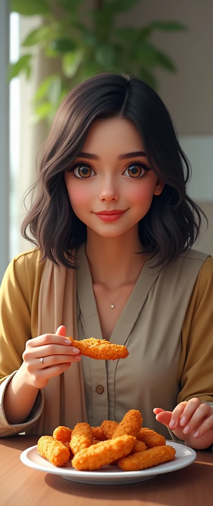 my female friend who has a baby face but is an adult project manager, in shalwar kameez with dupatta , shoulder length hair, eating hot chicken tenders in lunch