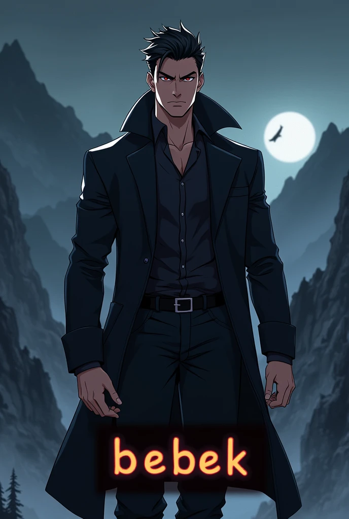 a man3d anime wear coat black pop up name "bebek"hansome and cool with wolf background nigh montain