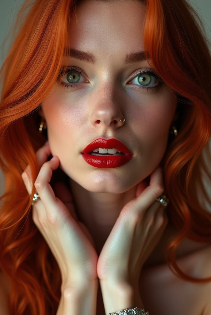 close-up, extreme close-up, close-up portrait, portrait, close-up on her lips, ultra realistic, photography, long straight red hair, (30 years old, green eyes, hourglass figure, perfect body, natural medium breasts), firtatious look, glossy shiny red lipstick, femme fatale, she is a sex icon, she is a sex goddess, long eyelashes, cat-eye make-up, focus on her eyes, highlight her lips, she has her hands on her neck and her head slightly leans backwards, her eyes focus the camera and her lips are slightly parted, wearing expensive jewelry