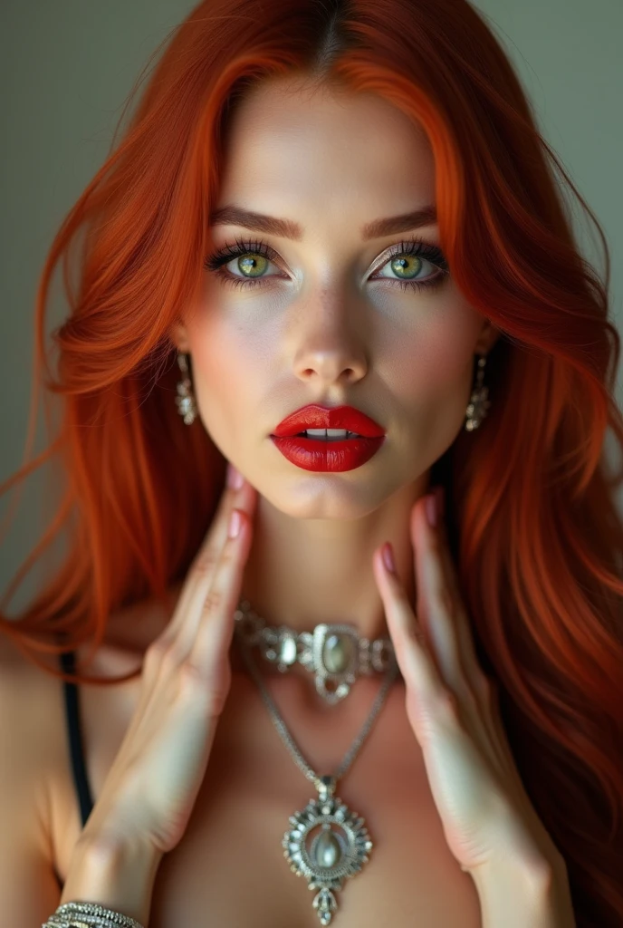 close-up, extreme close-up, close-up portrait, portrait, close-up on her lips, ultra realistic, photography, long straight red hair, (30 years old, green eyes, hourglass figure, perfect body, natural medium breasts), firtatious look, glossy shiny red lipstick, femme fatale, she is a sex icon, she is a sex goddess, long eyelashes, cat-eye make-up, focus on her eyes, highlight her lips, she has her hands on her neck and her head slightly leans backwards, her eyes focus the camera and her lips are slightly parted, wearing expensive jewelry