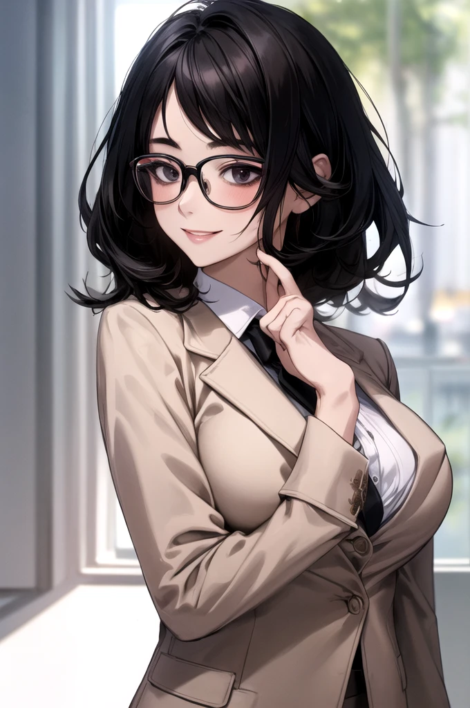 One person, Women, 2、Glasses、Black Hair、Big Breasts、Medium Hair、business suit、Face Focus, Best, bow, Highest quality, Detailed face, office, Detailed Background, Diffused sunlight, Depth of written boundary, Bokeh、smile