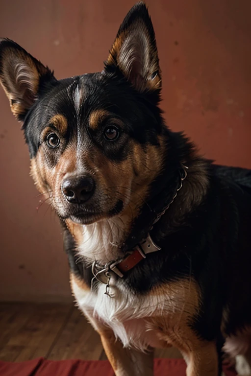 dog Germany shepherd real photo look like he want go with you Red color background