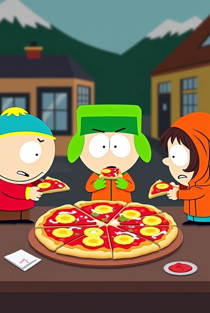 South park eating pizza with pineapple, Kenny, what, Cartman, Stan