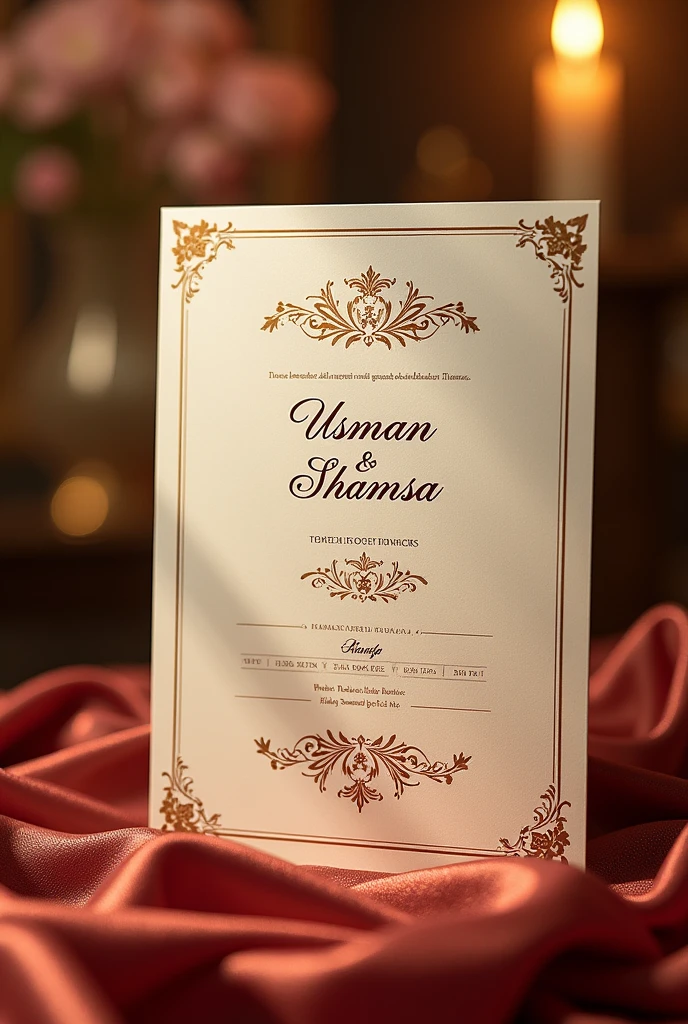 Create an image of invitation card for dinner
Details
Usman & Shamsa
Date: 31 08 2024... Timing : Dinner
Venue Haji Saeed veela..... Venue Haji Saeed veela