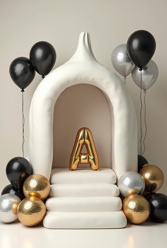 White cloth covered from the railings towards the stair-like bench, designed with black, gold and silver disco ball balloons all around. No arc. With the letter pice at the center. The theme is retro or classic. 