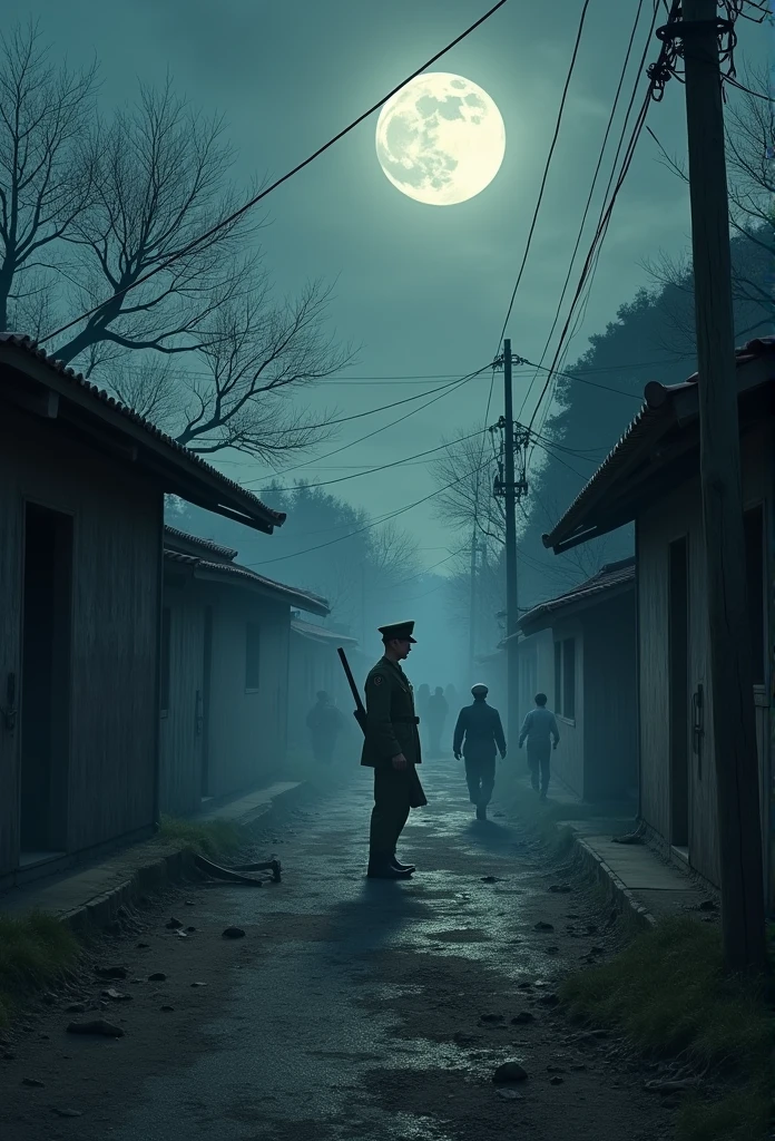 The Tsuyama 30-person murder case of 1938 is shown in a long-distance shot of a man dressed as a Japanese soldier shooting and killing villagers one by one in the middle of the night with a hunting rifle, and the villagers cowering in fear and running away.