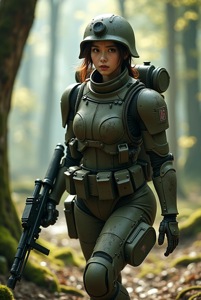 8K, Real Photo, Realistic Skin Texture, Super Realism, (WWII Era), (Mechanical Suit), Steampunk, Beautiful Forest Through Trees, Heavy Weapons, Vivid Textures, Beautiful Hair, Japanese Female Soldier, (Super Beautiful Face), Legs, ((Super Realistic All Textures)), ((Superall intricate details))), full body shot, super clear photo results, olive drab color, scratches, rust, weathering, sweat, action poses in motion, shot with Fujifilm X-T30 + Nokton. HDR10, minimum 4 images created.