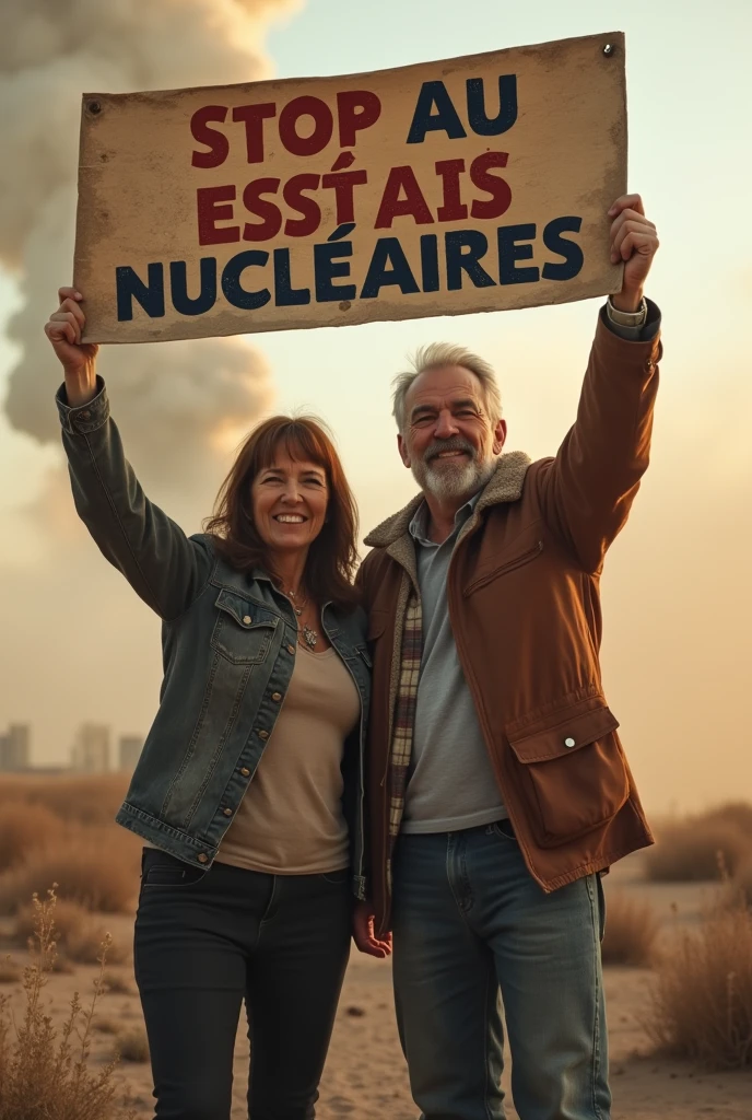 Ce couple de 35 ans se mobilise contre les essais nucleaires. Au fond un essai. Ecrire " stop aux essais nucléaires"