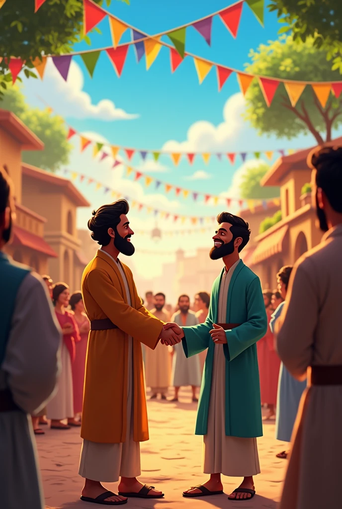 The Village Festival
After the village’s successful revival, a festival is held in celebration. Colorful banners and lanterns are hung between trees, and the villagers are seen dancing, singing, and feasting together. In the center, Fiyaaz and Amjad stand together, smiling as they watch the joyful scene, now united in purpose once again.