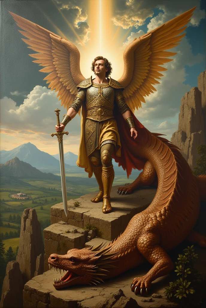 renaissance style painting. Archangel Michael with sword and great dragon subdued
