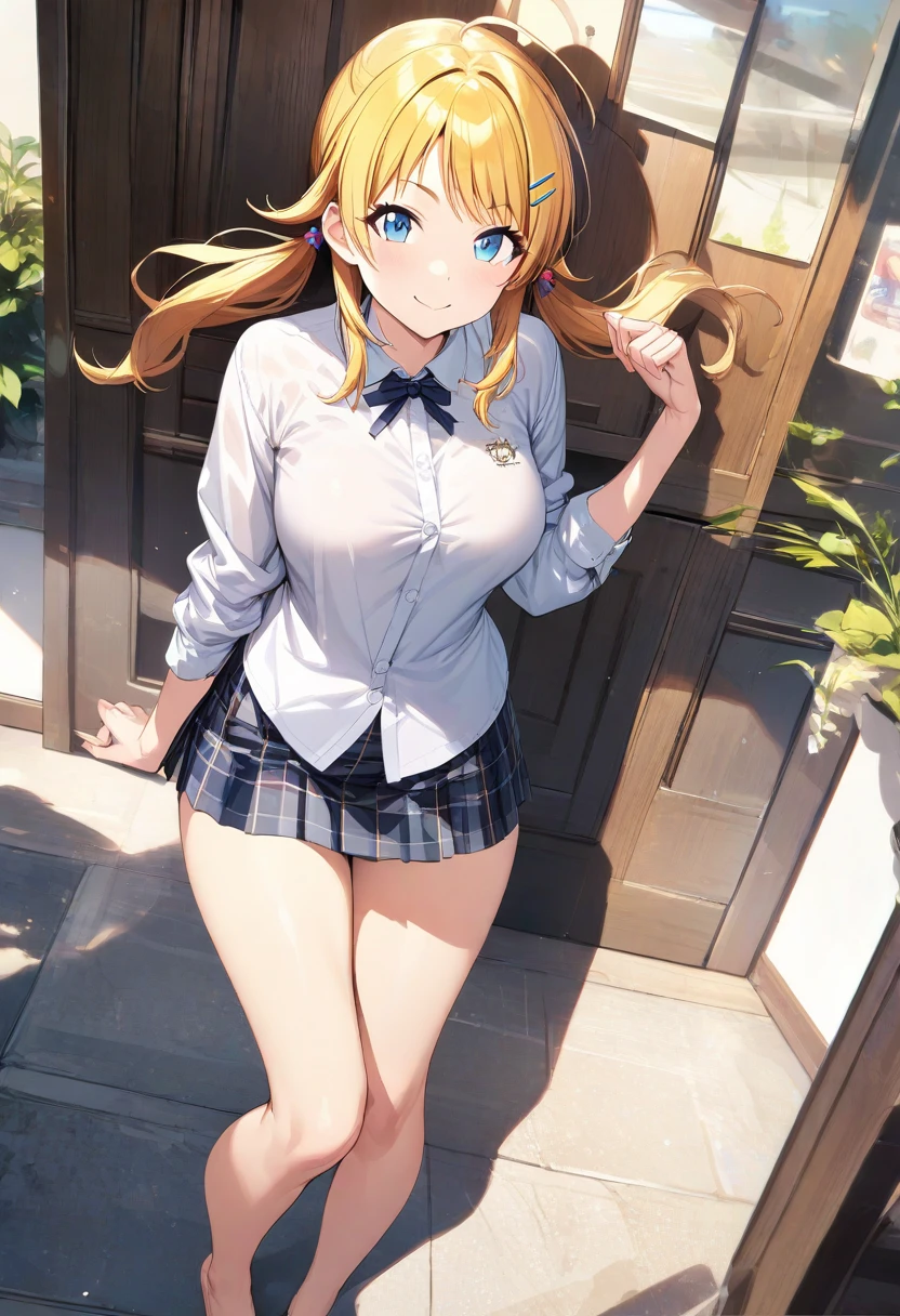 (masterpiece), (best quality), (ultra-detailed), (best illustration), (best shadow), (absurdres), (detailed background), (very aesthetic), meguru hachimiya, 1girl, blonde hair, skirt, solo, blue eyes, hair ornament, smile, plaid, breasts, twintails, plaid skirt, hairclip, looking at viewer, shirt, long hair, Embarrassing, A kind smile, ((Completely naked))