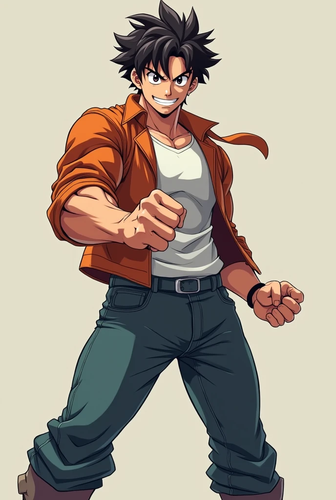 Generate an anime style image, A boy with anime-style common person clothes, very handsome, with a serrated fist to punch and a cocky smile and quite muscular