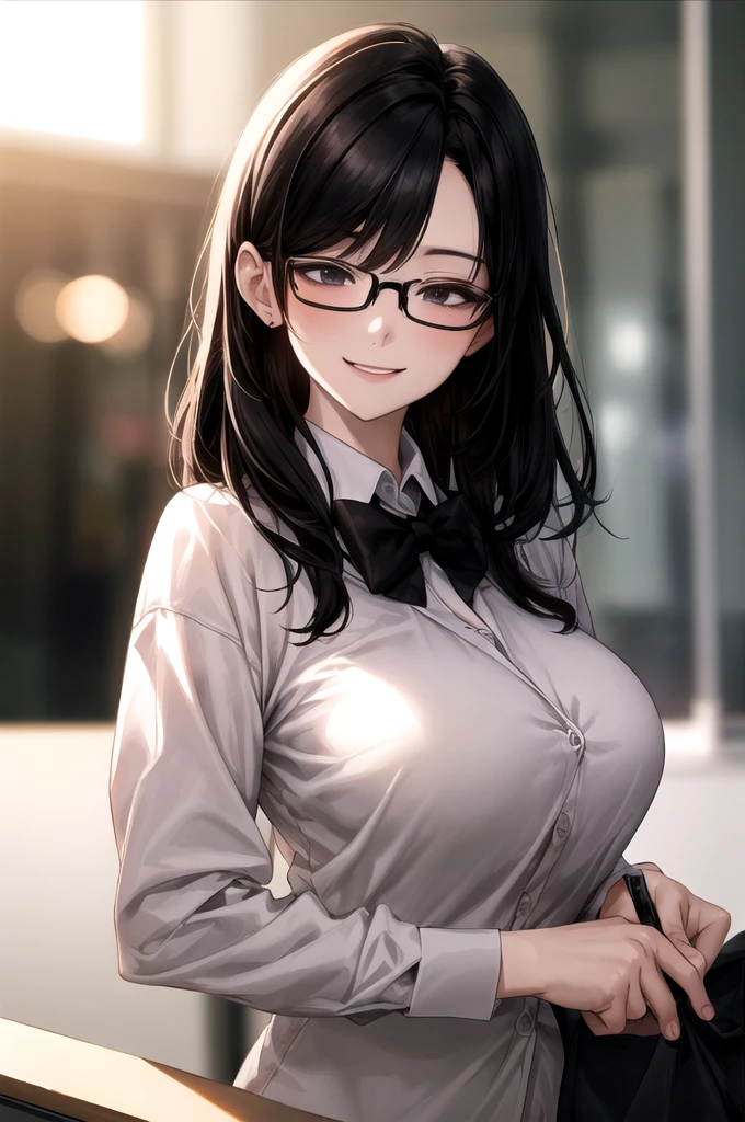 One person, Women, 2、Glasses、Black Hair、Big Breasts、Medium Hair、business suit、Face Focus, Best, bow, Highest quality, Detailed face, office, Detailed Background, Diffused sunlight, Depth of written boundary, Bokeh、smile、I like sex