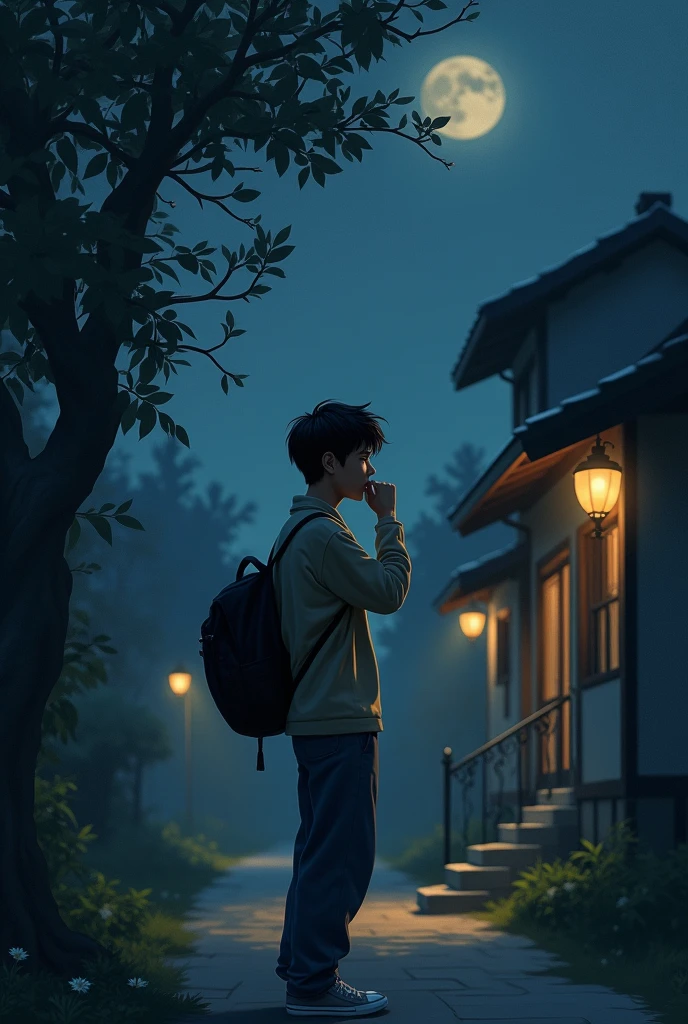 At night, a young man&#39;s heart walks in the middle of the village with the dim light of a round lamp. His gaze is fixed on an empty house. He smells the scent of jasmine flowers and covers his nose with his hand.