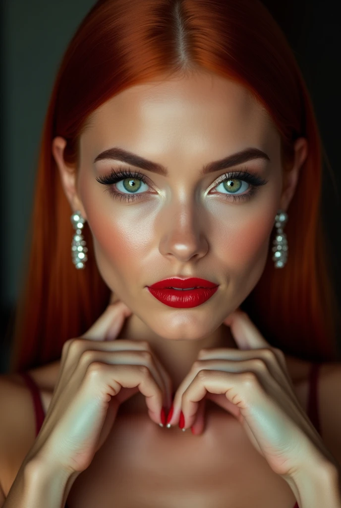 close-up, extreme close-up, close-up portrait, portrait, close-up on her lips, ultra realistic, photography, straight long red hair, (30 years old, green eyes, hourglass figure, perfect body, natural medium breasts), firtatious look, glossy shiny red lipstick, femme fatale, she is a sex icon, she is a sex goddess, long eyelashes, cat-eye make-up, focus on her lips, highlight her lips, she has her hands on her neck and her head slightly leans backwards, her eyes focus the camera and her lips are slightly parted, wearing diamond earrings,