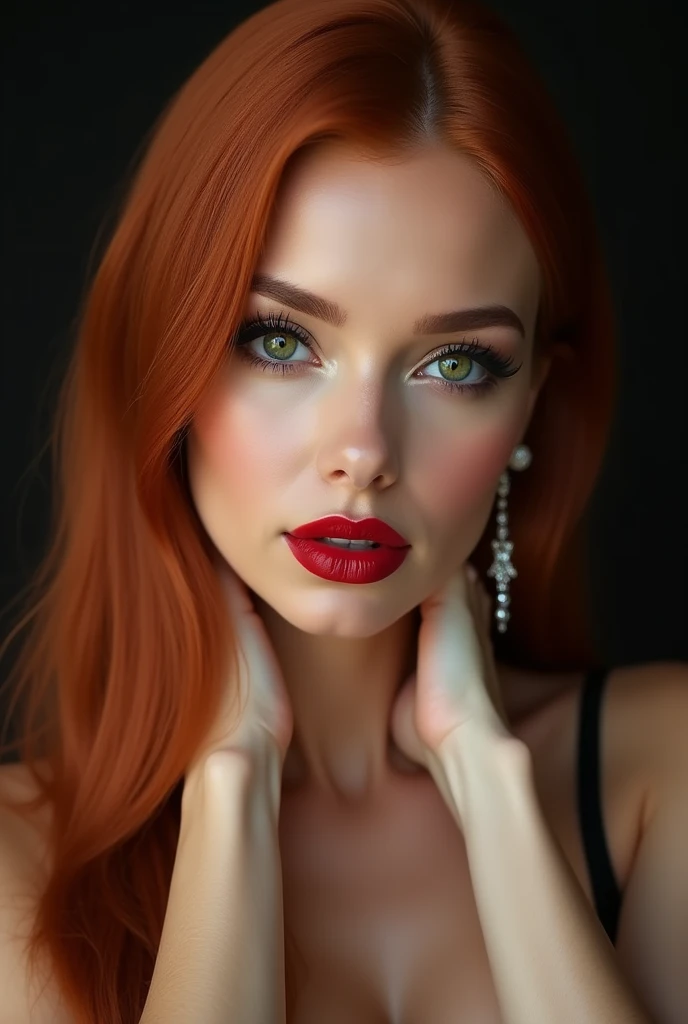 close-up, extreme close-up, close-up portrait, portrait, close-up on her lips, ultra realistic, photography, straight long red hair, (30 years old, green eyes, hourglass figure, perfect body, natural medium breasts), firtatious look, glossy shiny red lipstick, femme fatale, she is a sex icon, she is a sex goddess, long eyelashes, cat-eye make-up, focus on her lips, highlight her lips, she has her hands on her neck and her head slightly leans backwards, her eyes focus the camera and her lips are slightly parted, wearing diamond earrings, 