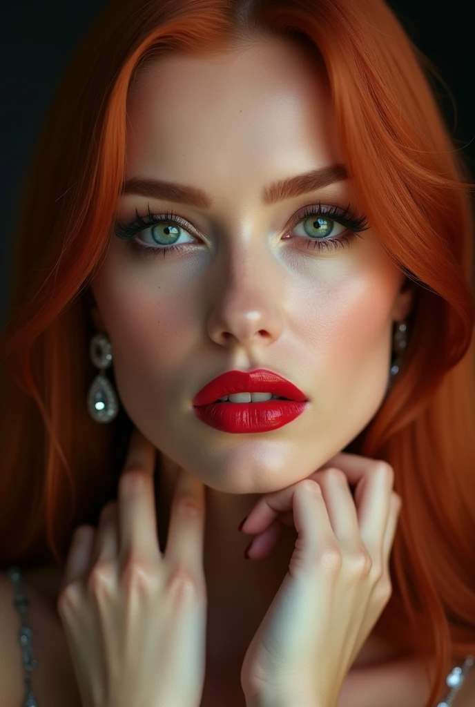 close-up, extreme close-up, close-up portrait, portrait, close-up on her lips, ultra realistic, photography, straight long red hair, (30 years old, green eyes, hourglass figure, perfect body, natural medium breasts), firtatious look, glossy shiny red lipstick, femme fatale, she is a sex icon, she is a sex goddess, long eyelashes, cat-eye make-up, focus on her lips, highlight her lips, she has her hands on her neck and her head slightly leans backwards, her eyes focus the camera and her lips are slightly parted, wearing diamond earrings,