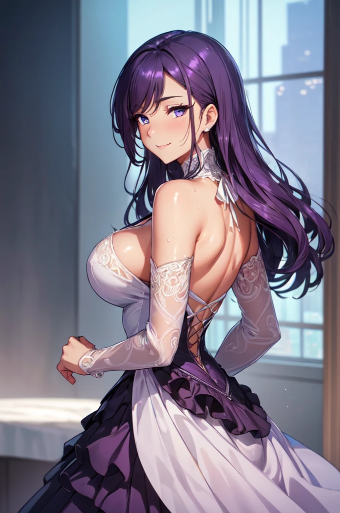 (High quality, High resolution, Fine details), high neck elegant dress, showing the back, detailed dress texture, flowing skirt, intricate folds and fabric, elegant and sophisticated, solo, curvy adult women, purple hair, sparkling eyes, (Detailed eyes:1.2), smile, blush, Sweat, Oily skin, cinched waist, view from the side, Soft tones, shallow depth of field