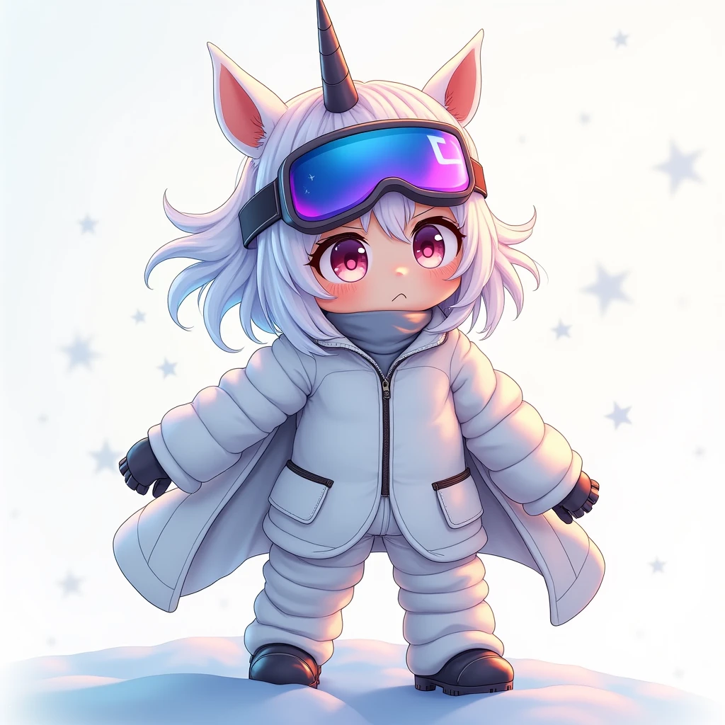 masterpiece, Best image quality, Extremely vivid, an anime Centaur, 娇small身材, White functional coat, small, Blue-purple gradient ski goggles, Cyberpunk, White hair, Natural casual style, Dynamic posture, Golden Section, Cool colors, Strong visual impact, White space, Light and shadow contrast, Super texture, Sunset afterglow, Ultra-clear pictures, Simple pictures