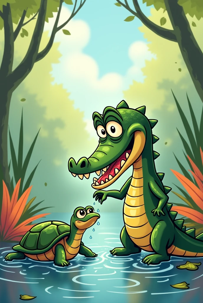Crocodile eating with his hand to turtle in 2d cartoon