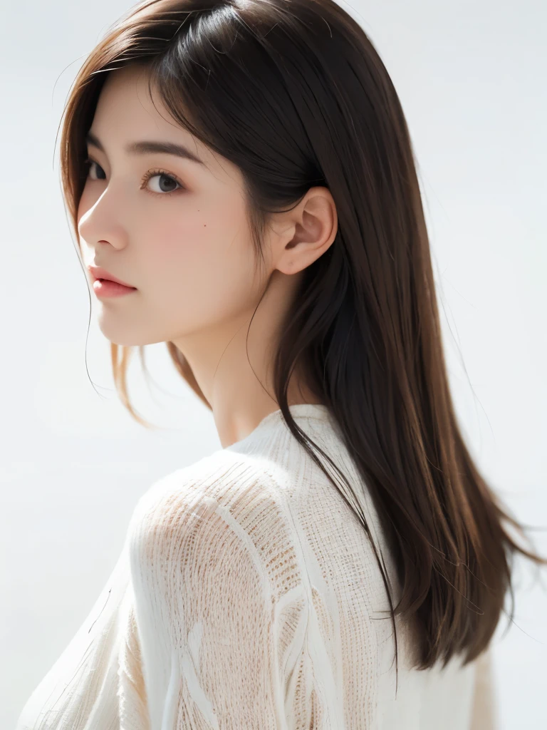 ultra high res, RAW photo, cute japanese women photos, whole body,long sleeve dress, ((brown straight long hair)), (upper half of body), (Take a photo from the back),Portrait,surface focus,sweater,indoor, white background,looking at the viewer, mix 4, (realistic Photoreal:1.37), 1 girl, cute, natural lighting, photon mapping, Physically based rendering, shortcut, short hair, Handsome, girly, (clean face), (Detailed facial description), (detailed description of handasseter muscle part), (Detailed CG), Rich details, (exquisite features), (detailed eye), looking forward to your eyes, delicate clavicle, Versatile poses, profile, white wall, Spring clothes, Don, (photorealistic:1.4), From above, best quality, masterpiece
