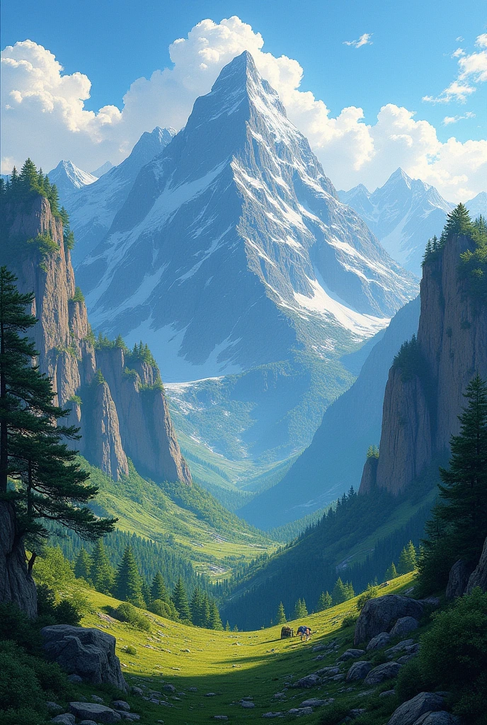 create an nature with mountains artwork that has all the elements of art such as space, line, color, form, texture and shape. explain each of this element.